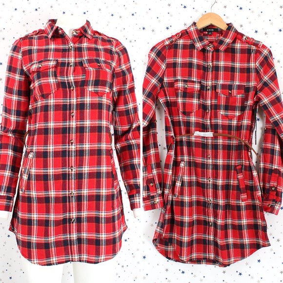 Plaid Button Up Shirt Dress with Belt Red - Picture 1 of 10